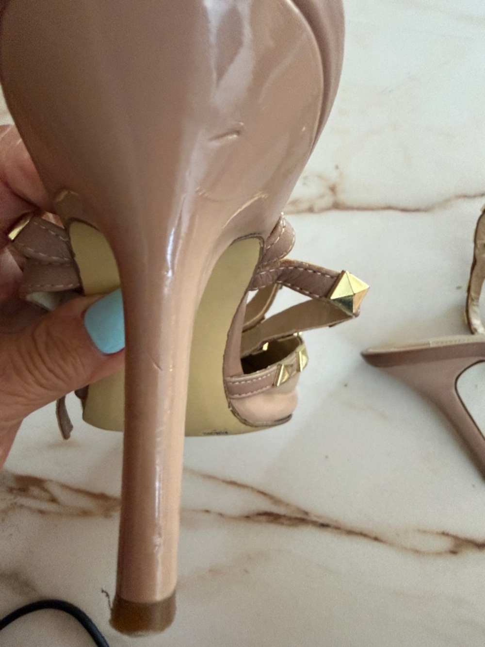 BCBGeneration Nude Patent T-Strap Pointed Stud Pumps - Picture 7 of 14